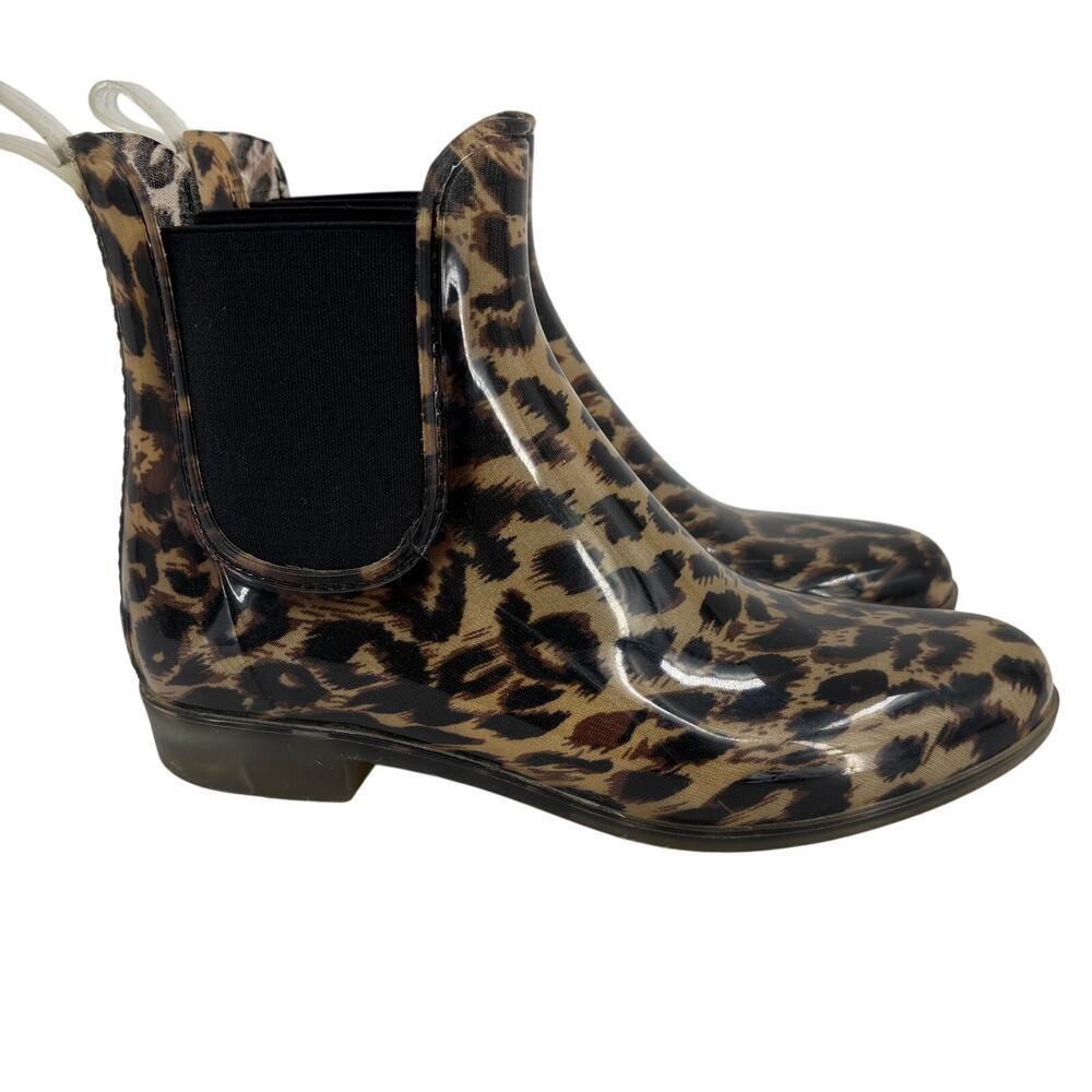 J Crew Rain Boots Size 8 Leopard Print Pull On Rubber Chelsea Waterproof Bootie - Picture 2 of 8